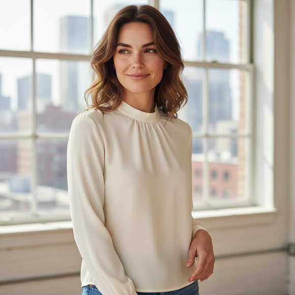 Ann Taylor Blouse Womens Medium Ivory Long Sleeve Shirt Button Cuff Keyhole Top - Picture 1 of 8